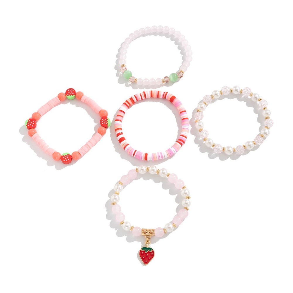 Kids Strawberry Beaded Bracelet Set - Pink and White